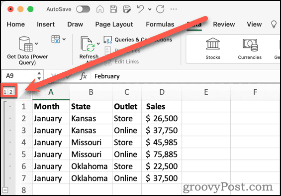 Disposisjonsnivåknapper i Excel