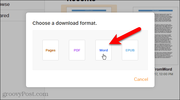 Klikk på Word i dialogboksen Velg et nedlastningsformat i Pages on iCloud