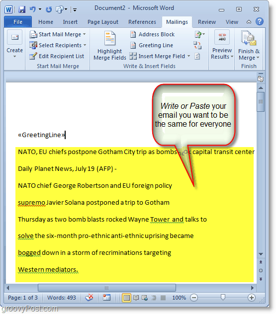 Outlook 2010-skjermbilde - skriv masseinnholdet på e-post