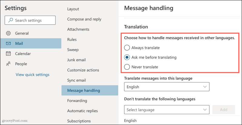 Oversettelsesinnstillinger i Outlook online