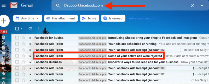 eksempel på et gmail-filter for @ support.facebook.com for å isolere alle varsler om e-post fra Facebook