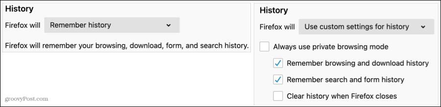 Historikkinnstillinger i Firefox