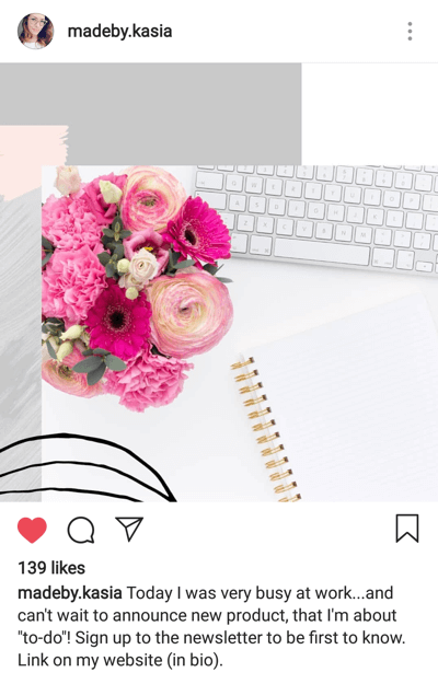 Hvordan skrive engasjerende Instagram-billedtekster, trinn 3, inkluderer oppfordring til handling i bildeteksteksempel av madeby.kasia