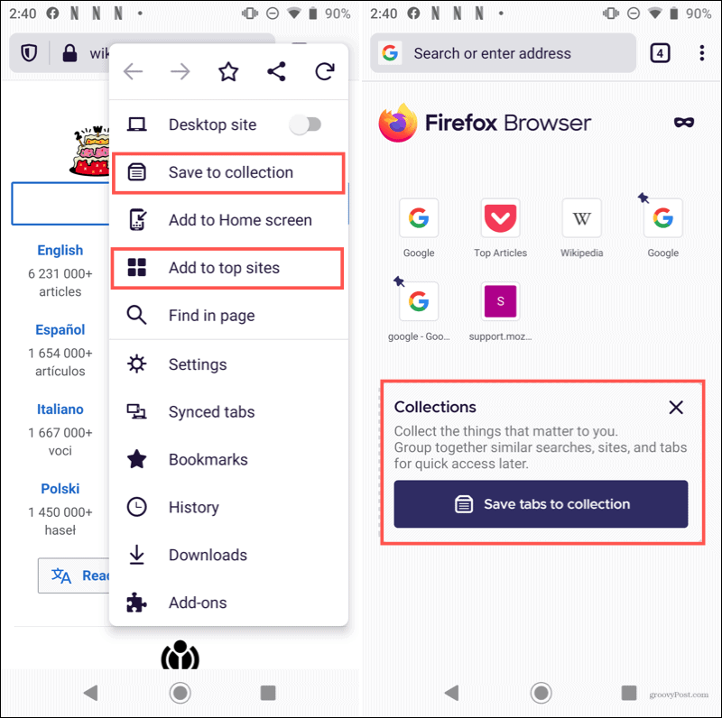 Firefox startside på Android