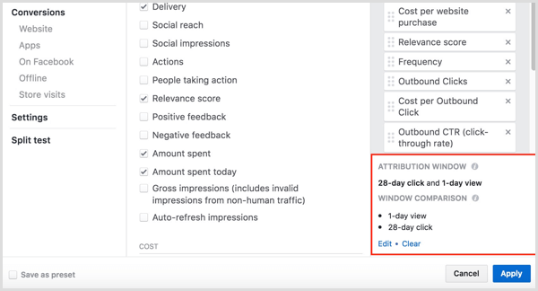 facebook ads manager tilpasser kolonneklikk og vis konverteringer
