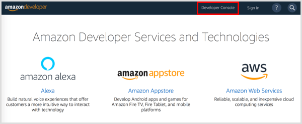 Klikk på Developer Console-knappen for å konfigurere en Amazon Developer-konto.
