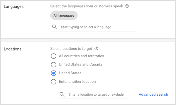 Innstillinger for språk og steder for Google AdWords-kampanje.