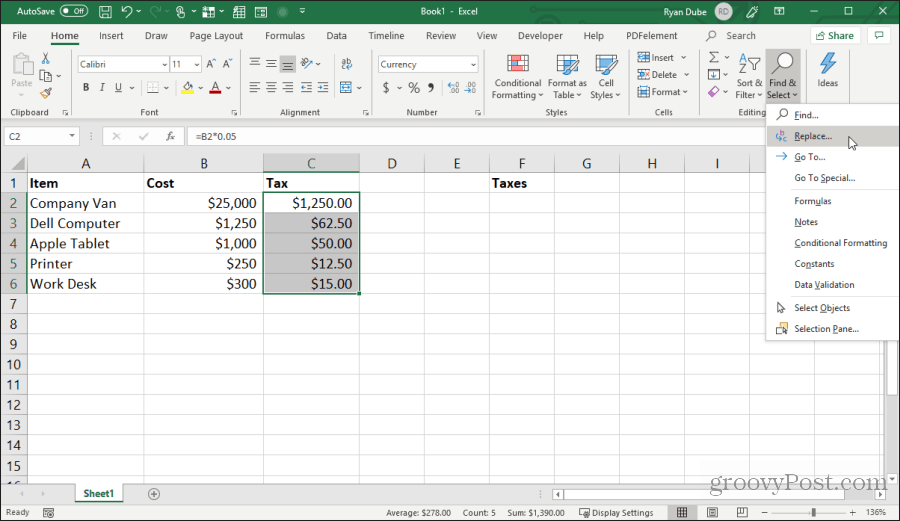erstatte formelkarakterer i Excel