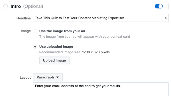 Overskrifts-, bilde- og layoutalternativer for en Facebook-annonse-kampanje.