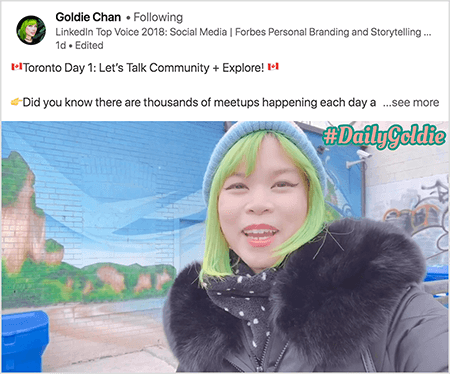 Dette er et skjermbilde av en LinkedIn-video der Goldie Chan dokumenterer sine reiser. Teksten over videoen sier “Toronto Day 1: Let