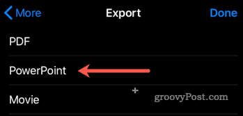 Eksporterer fra Keynote til PowerPoint på iOS
