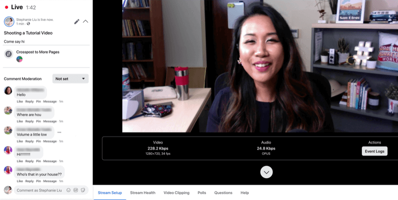 eksempel på facebook live stream slik det ser ut til stream-verten med kommentarer til venstre på hovedskjermen, som inkluderer kringkastingsvideo og informasjon om streaminnstillinger