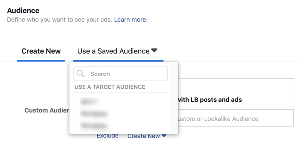 Mulighet for å bruke et lagret publikum til en Facebook-annonse-kampanje.