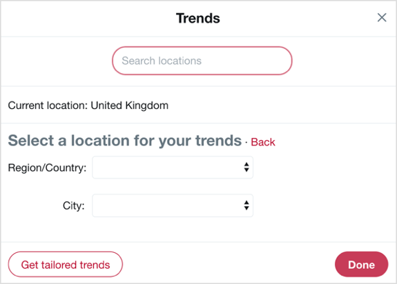 Velg landet og byen du vil fokusere på med Twitter-trender.