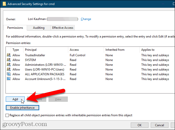 Klikk Legg til i dialogboksen Avanserte sikkerhetsinnstillinger i Windows-registeret