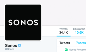 Sonos Twitter-konto er bekreftet og viser det blå Twitter-bekreftede merket.