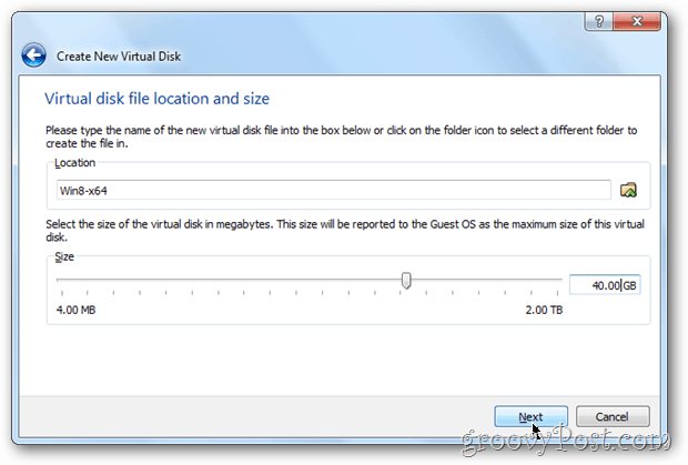 VirtualBox diskstørrelse config windows 8