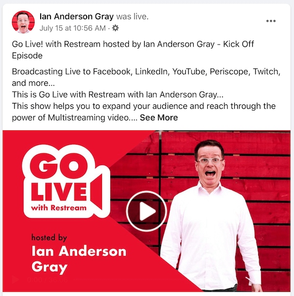 Facebook live video replay-innlegg for Ian Anderson Gray