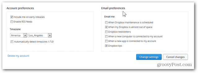 dropbox konfigurere e-postinnstillinger