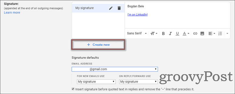 Innstillinger for flere signaturer i Gmail nye