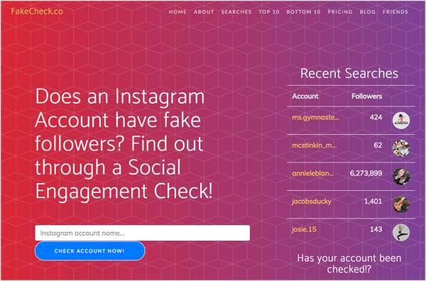 Se etter falske Instagram-følgere med FakeCheck.co.
