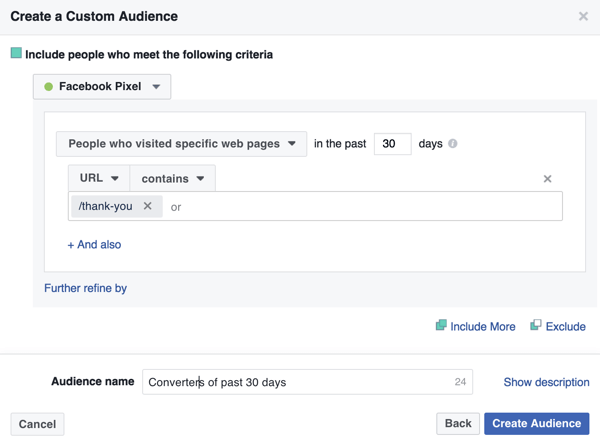 For å opprette et Facebook-tilpasset publikum av tidligere kjøpere, legg til en takkeside-URL.