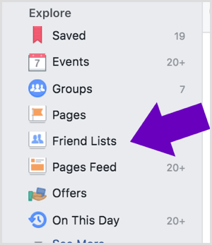 Klikk på Facebook Friend Lists-alternativet.