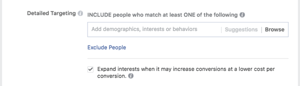 Bruk Facebooks inneslutninger og unntak for å finjustere publikum.