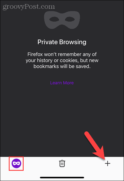 Trykk på Ny fane-knapp i privat nettlesermodus i Firefox på iOS