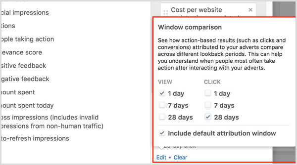 sammenligning av attribusjonsvindu for facebook ads manager