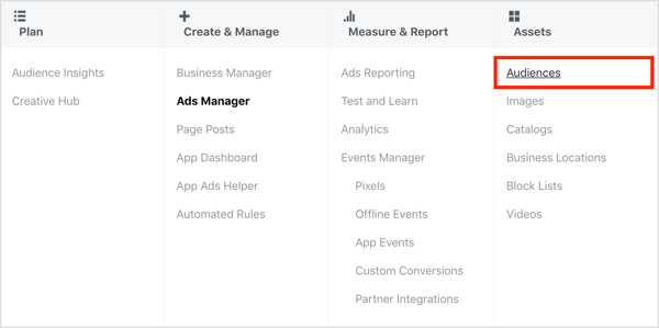 Åpne Audiences-dashbordet i Facebook Ads Manager.