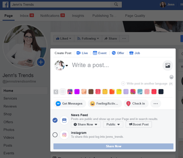 Hvordan krysse innlegg til Instagram fra Facebook på skrivebordet, trinn 2, alternativ for å krysse innlegg til Instagram fra Facebook-innlegget ditt