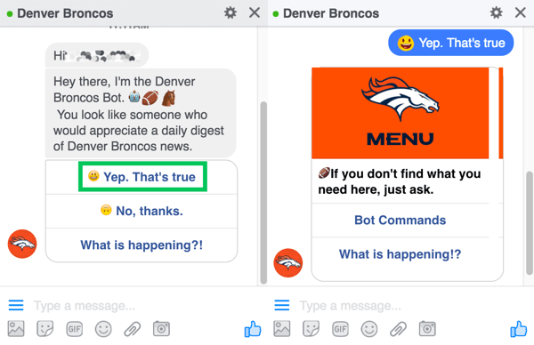 Denver Broncos chatbot ber brukerne om å registrere seg for den daglige fordøyelsen.