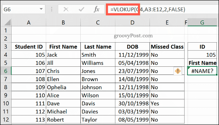 En feilstavet VLOOKUP-formel i Excel, og returnerer en NAME-feil