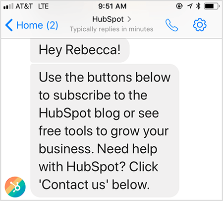 HubSpots velkomstmelding chatbot lar deg kontakte et menneske.