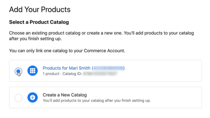 facebook produktkatalog alternativ for å koble til en eksisterende eller ny katalog