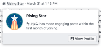 Hvordan bruke Facebook Groups-funksjoner, eksempel på Rising Star-gruppemerket