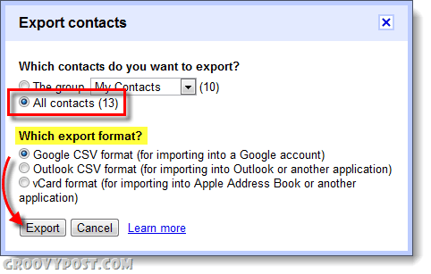 eksportere google-apper gmail-kontakttype