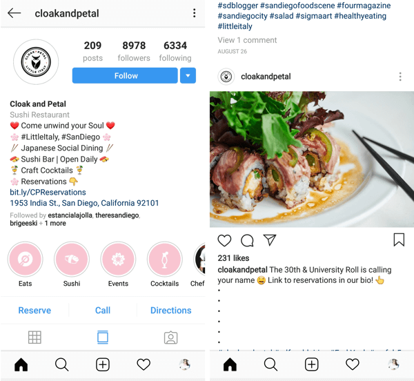 Instagram-innlegg med oppfordring til handling for handlingsknapp klikk av @cloakandpetal.