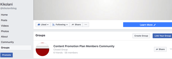 Den tilknyttede gruppen din vises i kategorien Grupper på Facebook-siden din.