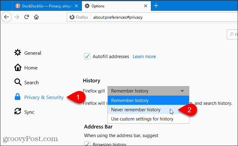 Velg Never Husk historie i Firefox