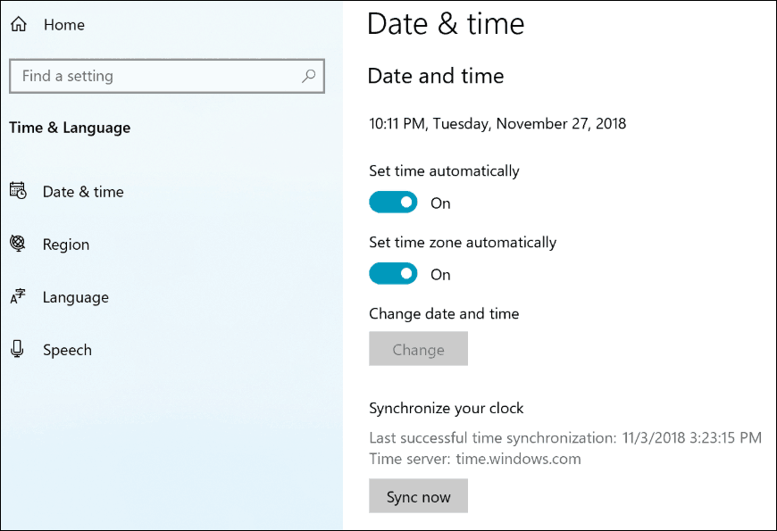 Innstillinger for Windows 10 19H1 synkronisering