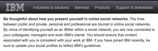 IBMs retningslinjer for sosial databehandling minner ansatte om at de representerer selskapet selv på deres personlige kontoer.