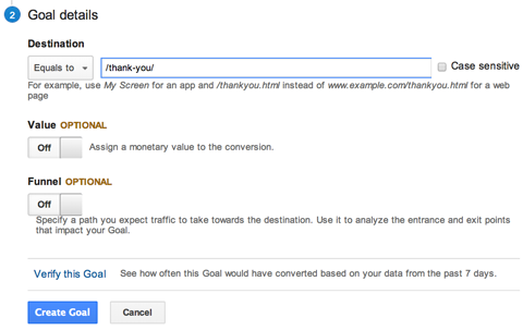 google analytics mål url destinasjon