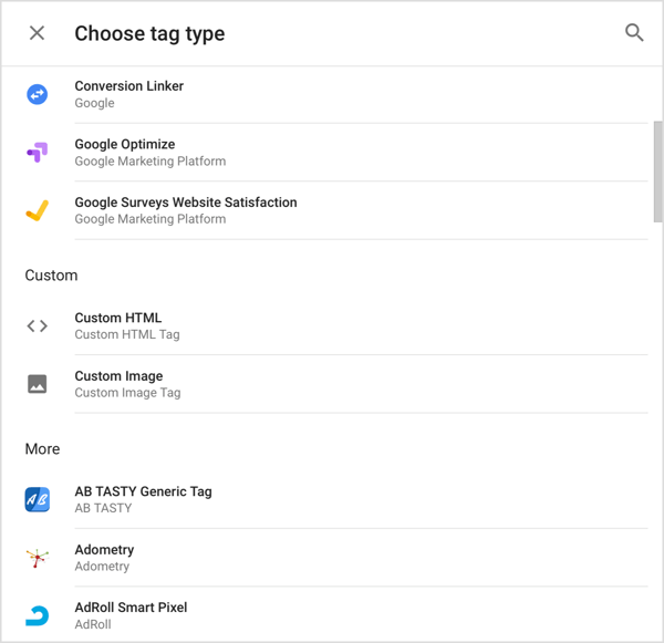 Velg typen tag du vil legge til i Google Tag Manager.