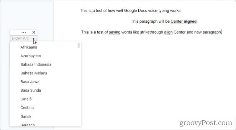 google docs språk for stemmeskriving
