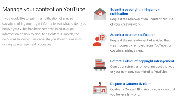 YouTube har prosedyrer for fjerning du kan følge hvis noen krenker opphavsretten din.