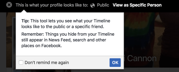 Bruk Vis som-funksjonen for å se hvordan Facebook-profilen din vises for andre.
