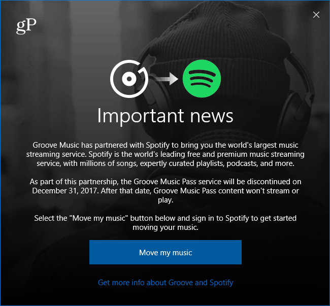Microsoft Groove Music Moving to Spotify Message