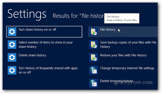 Innstillinger for filhistorikk Søk i Windows 8